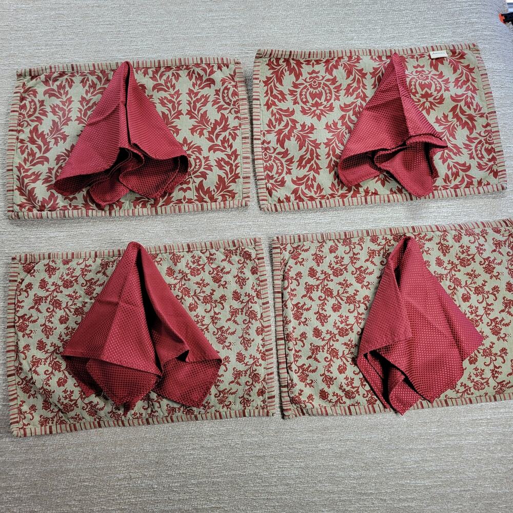 Arhaus Damask Floral Placemats Napkins Red Tan  Cotton Set of 4